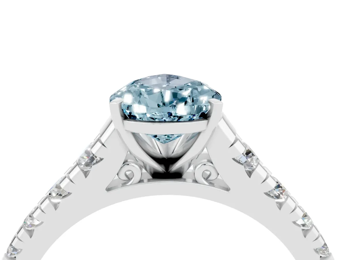 Pear Cut Aquamarine Cathedral Solitaire Ring with Round Pavé Band Silver