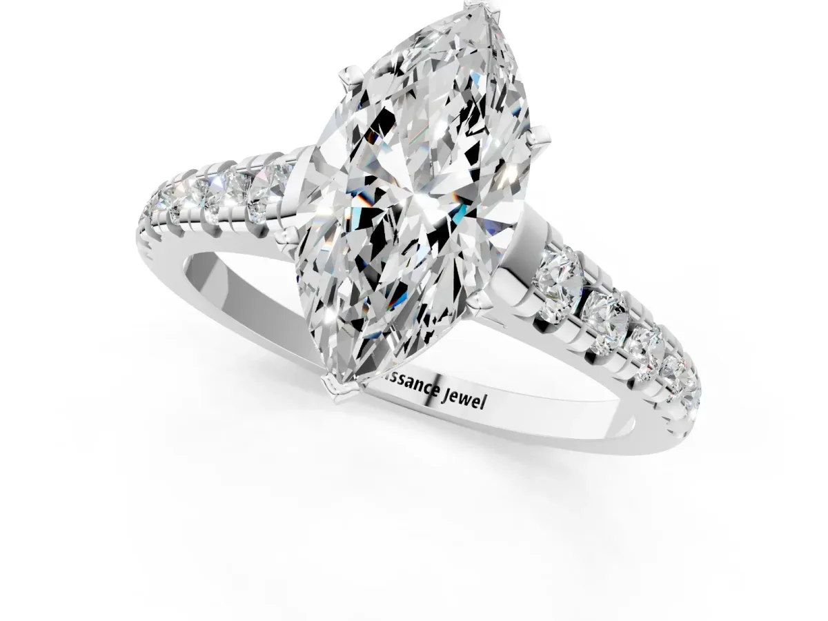 Marquise Cut Diamond Cathedral Solitaire Ring with Round Pavé Band White gold