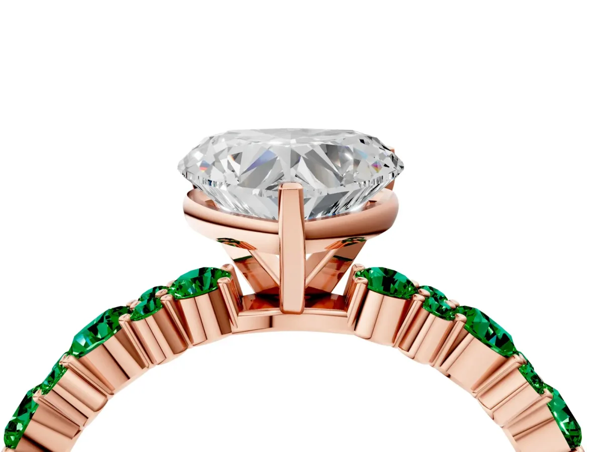 Heart Cut Diamond Side Stone Solitaire Ring with Round Emerald and Four-Prong Setting Rose gold