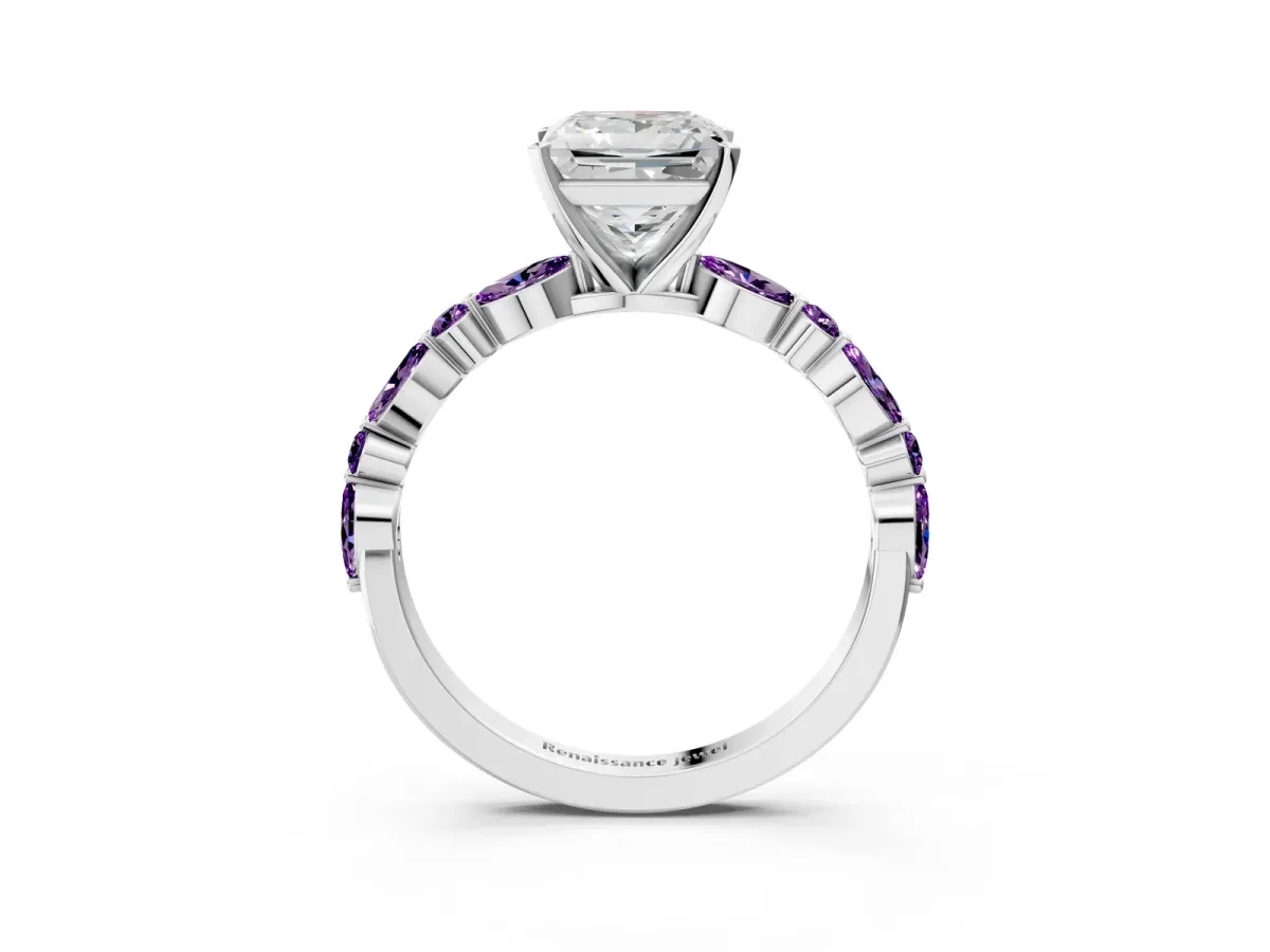 Princess Cut Diamond Ring with Marquise and Round Amethyst Side Stones and Four-Prong Setting Silver