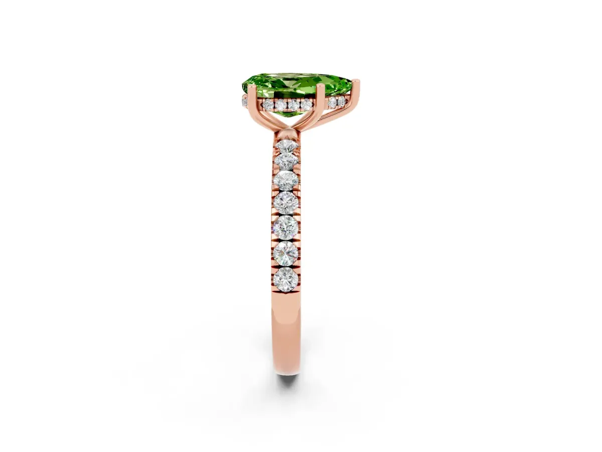Pear Cut Peridot Pave Band Solitaire Ring with Round and Prong Setting Rose gold