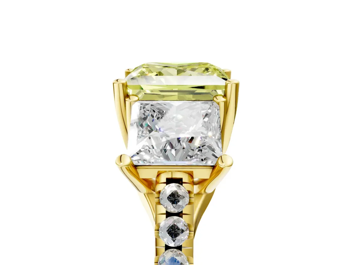 Fancy Yellow Three-Stone Princess Cut Diamond Ring with Round Pavé Band and Prong Setting Yellow gold