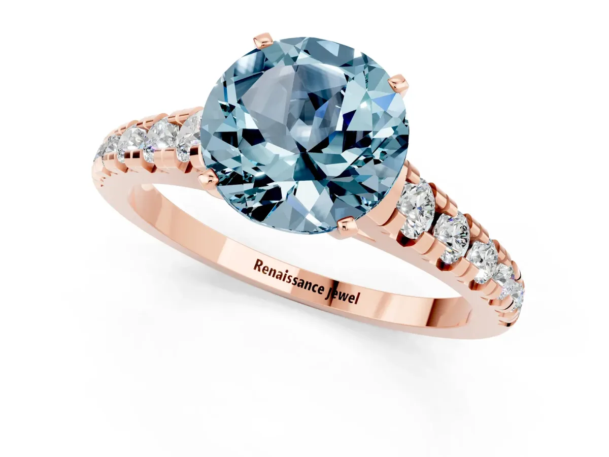 Round Cut Aquamarine Cathedral Solitaire Ring with Round Pavé Band Rose gold