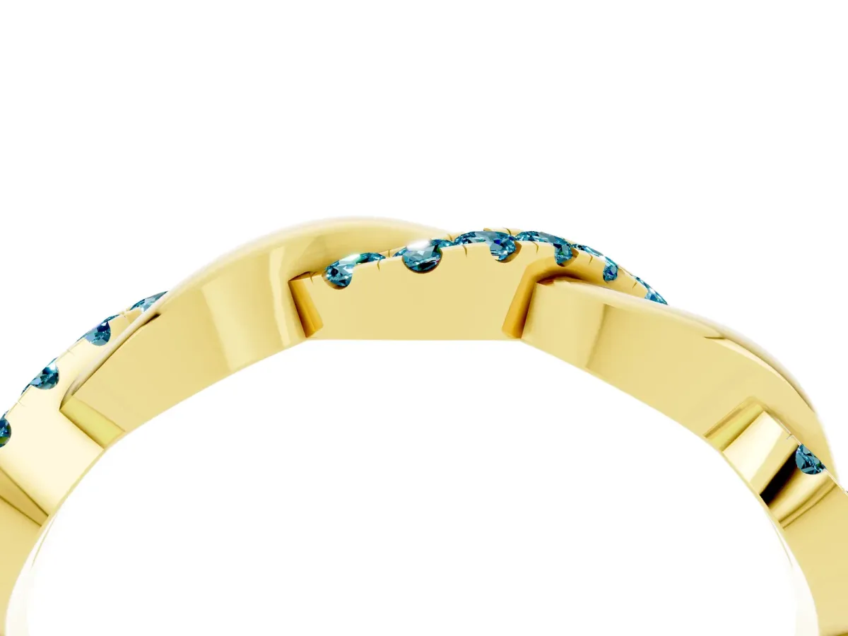 Pavé Round Blue Topaz Twist Eternity Band with Shared Prong Setting Yellow gold