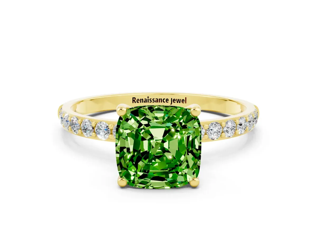 Cushion Cut Peridot Solitaire Ring with Round Pavé Band and Prong Setting Yellow gold