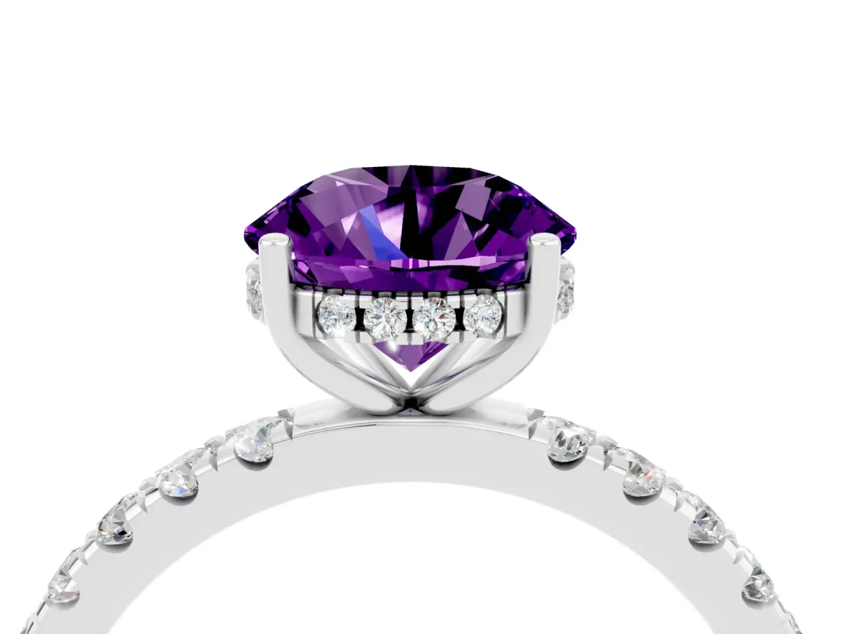 Round Cut Amethyst Pave Band Solitaire Ring with Round and Prong Setting Platinum