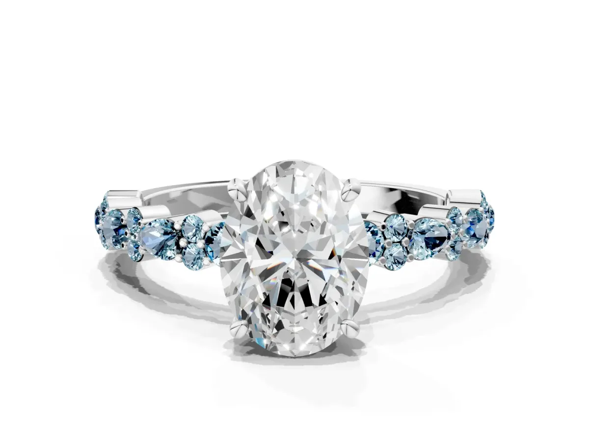 Oval Cut Diamond Side Stone Solitaire Ring with Round Aquamarine and Four-Prong Setting White gold