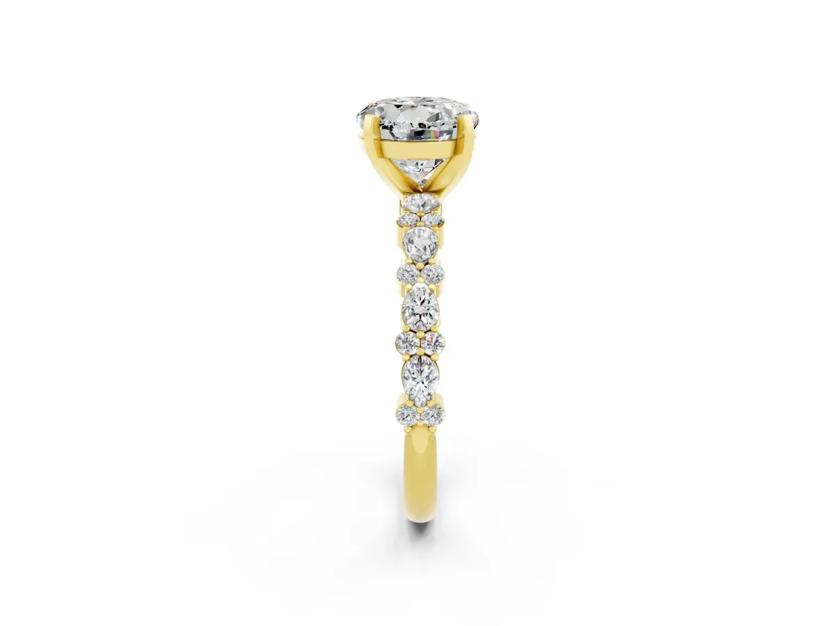 Round Cut Moissanite Side Stone Solitaire Ring with Round and Four-Prong Setting Yellow gold