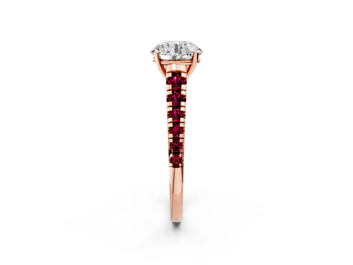 Round Cut Diamond Cathedral Solitaire Ring with Round Garnet Pavé Band Rose gold