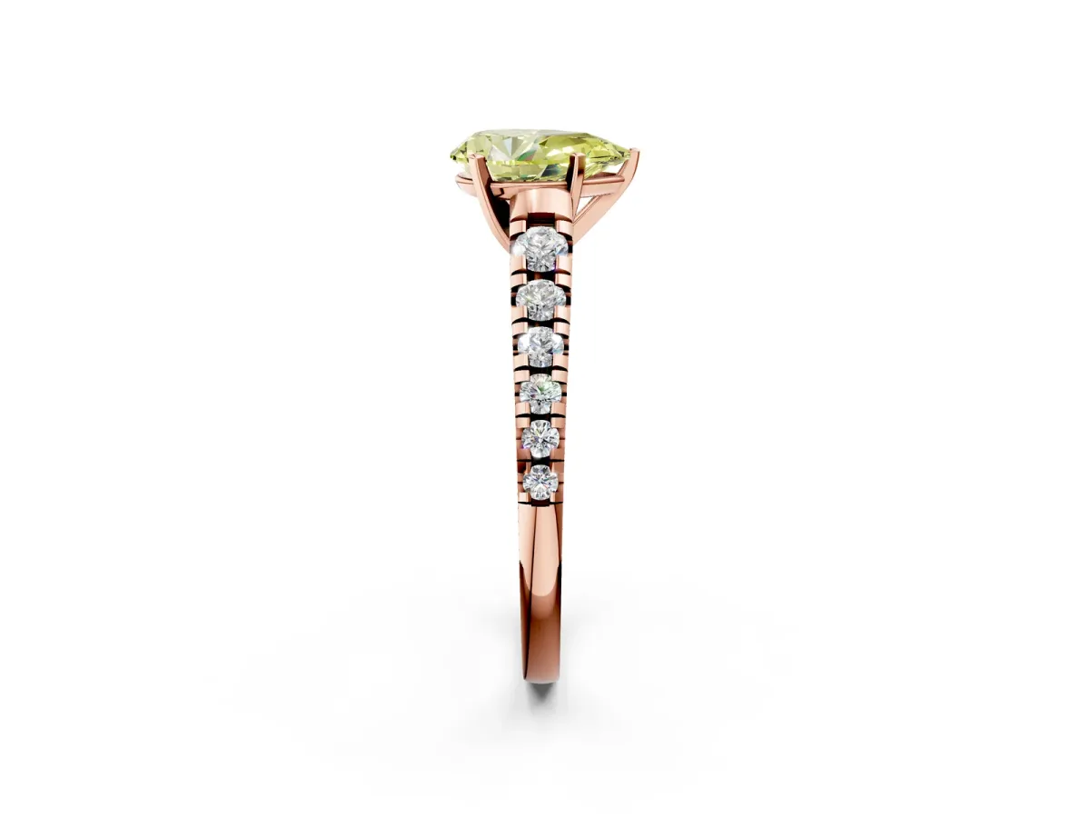 Fancy Yellow Pear Cut Diamond Cathedral Solitaire Ring with Round Pavé Band Rose gold