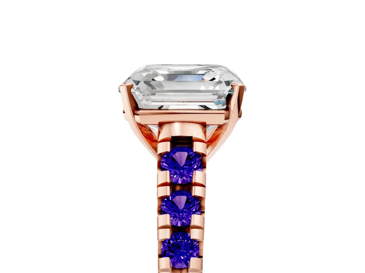 Asscher Cut Diamond Cathedral Solitaire Ring with Round Tanzanite Pavé Band Rose gold