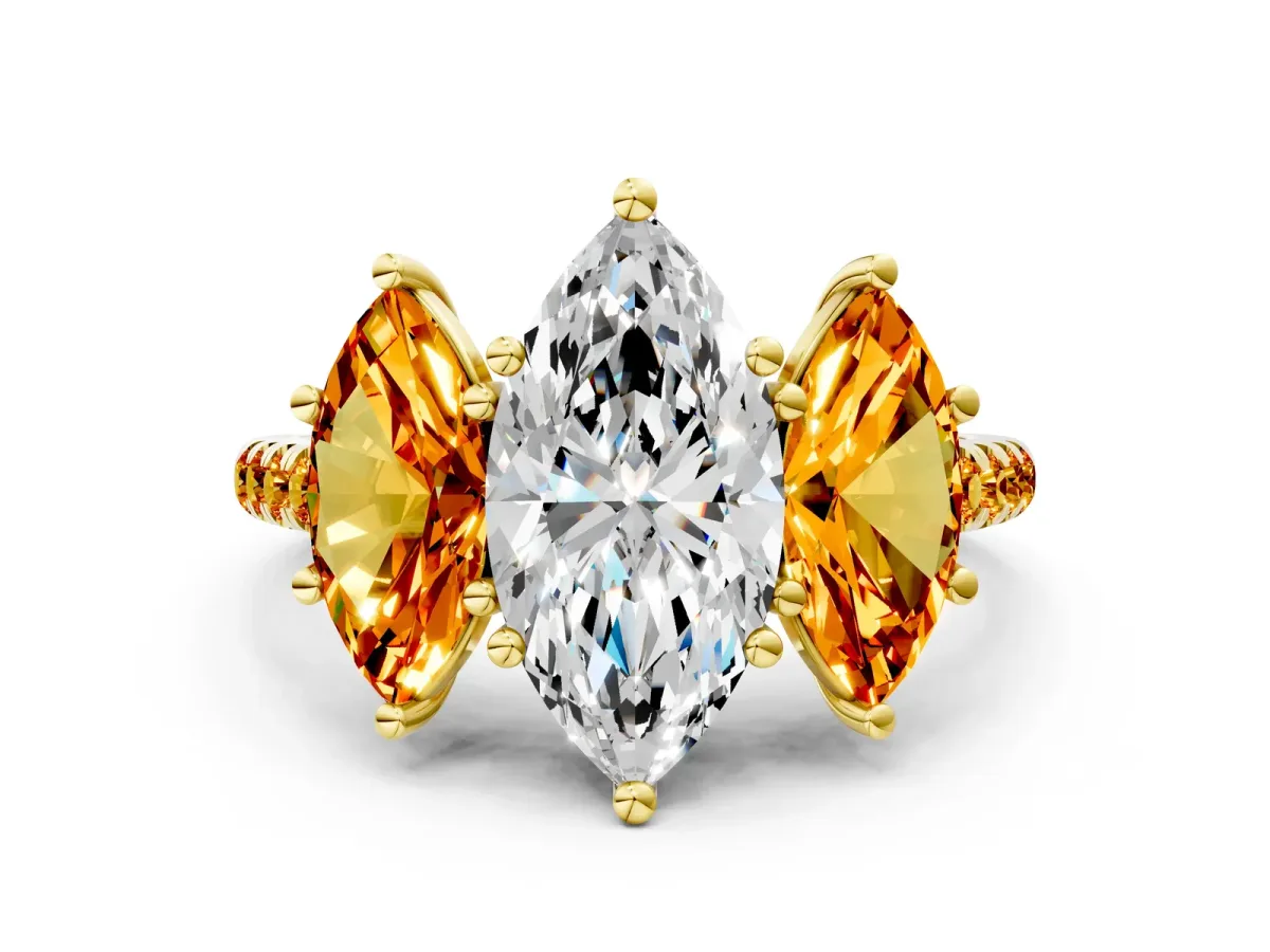 Three-Stone Marquise Cut Diamond Ring with Round Citrine Pavé Band and Prong Setting Yellow gold