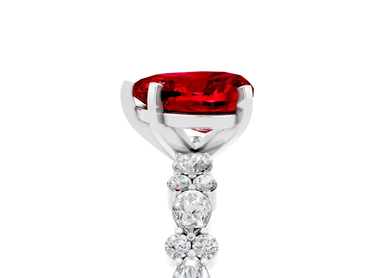 Heart Cut Ruby Side Stone Solitaire Ring with Round and Four-Prong Setting Platinum