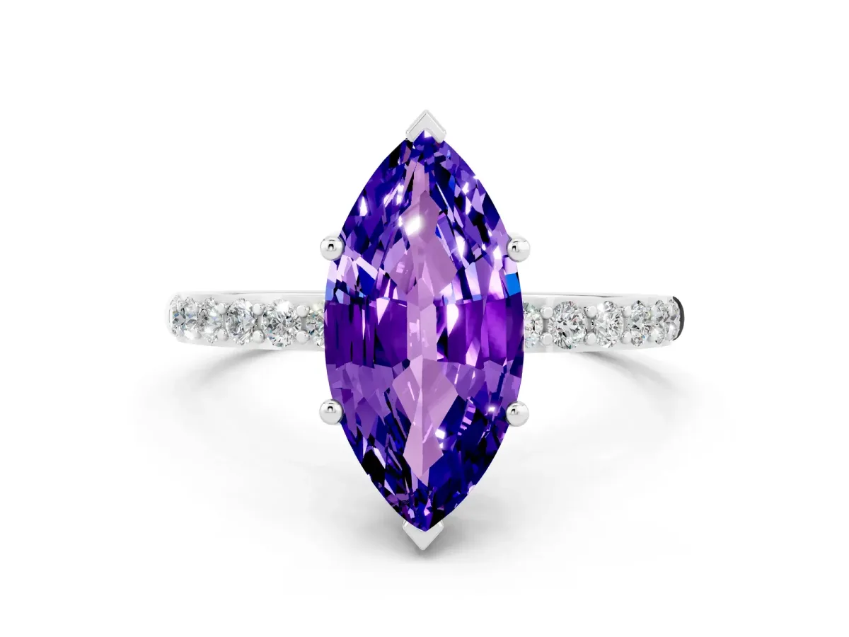 Marquise Cut Tanzanite Solitaire Ring with Round Pavé Band and Prong Setting Platinum