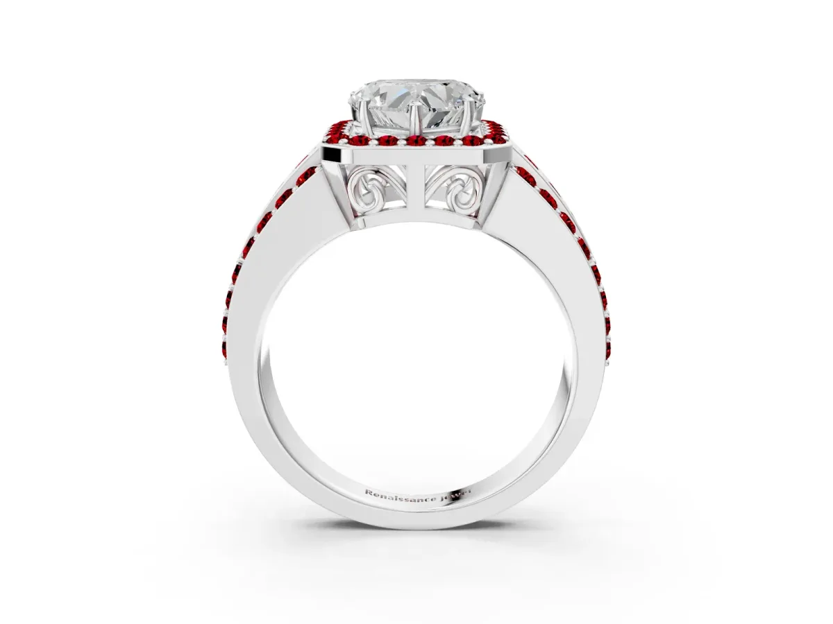 Heart Cut Halo Diamond Ring with Round Ruby Split Shank and Prong Setting Silver