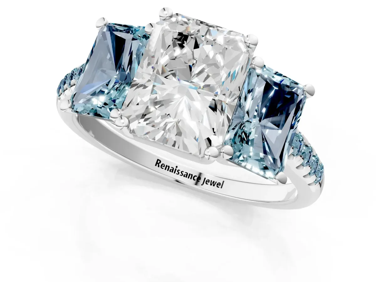 Three-Stone Radiant Cut Diamond Ring with Round Aquamarine Pavé Band and Prong Setting Silver