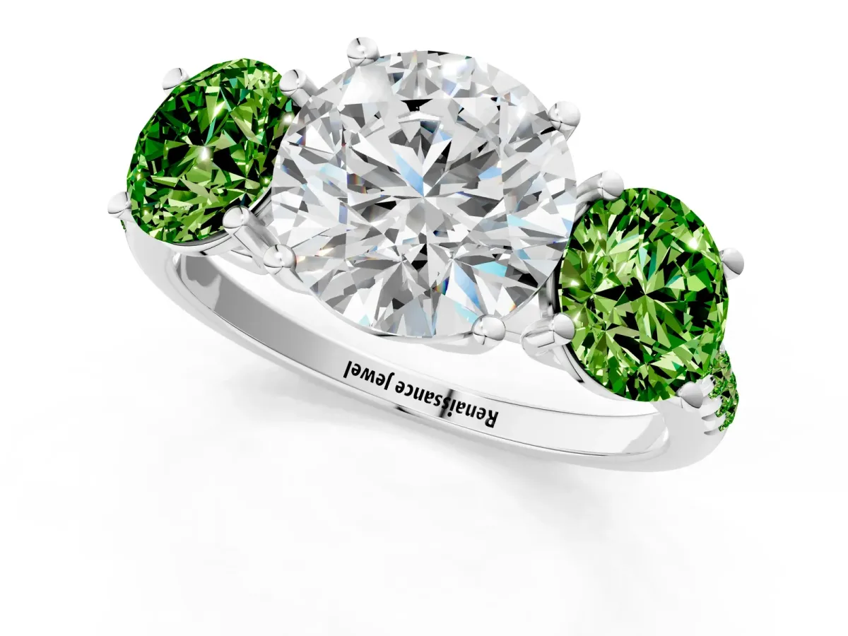 Three-Stone Round Cut Diamond Ring with Round Peridot Pavé Band and Prong Setting White gold