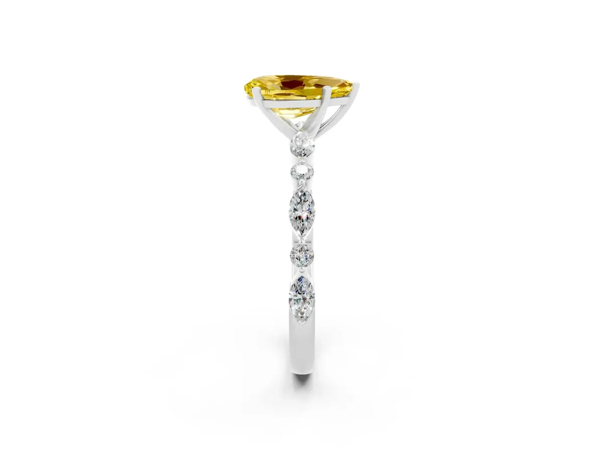 Pear Cut Yellow Sapphire Ring with Marquise and Round Side Stones and Four-Prong Setting Silver