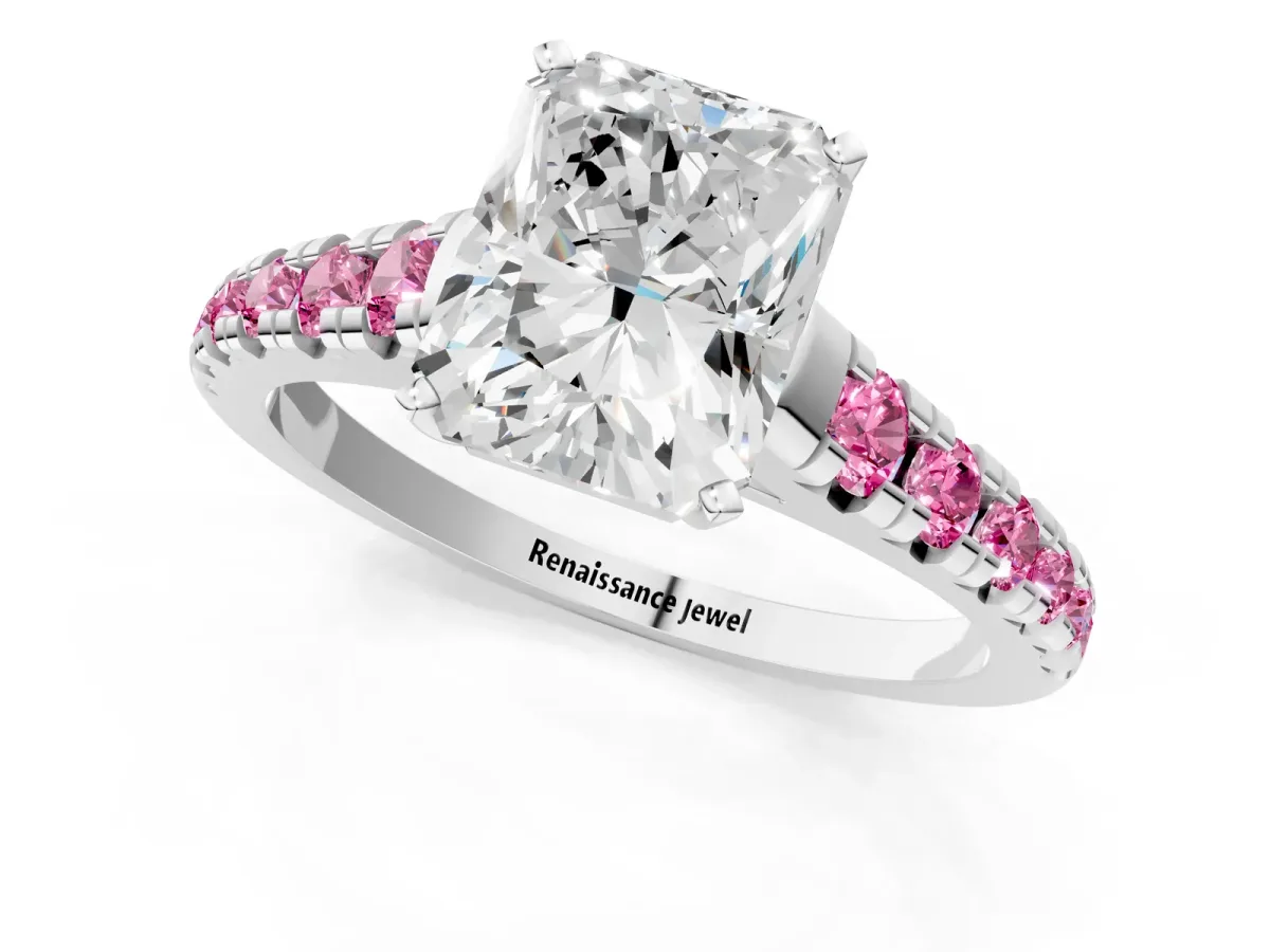 Radiant Cut Diamond Cathedral Solitaire Ring with Round Pink Sapphire Pavé Band Silver