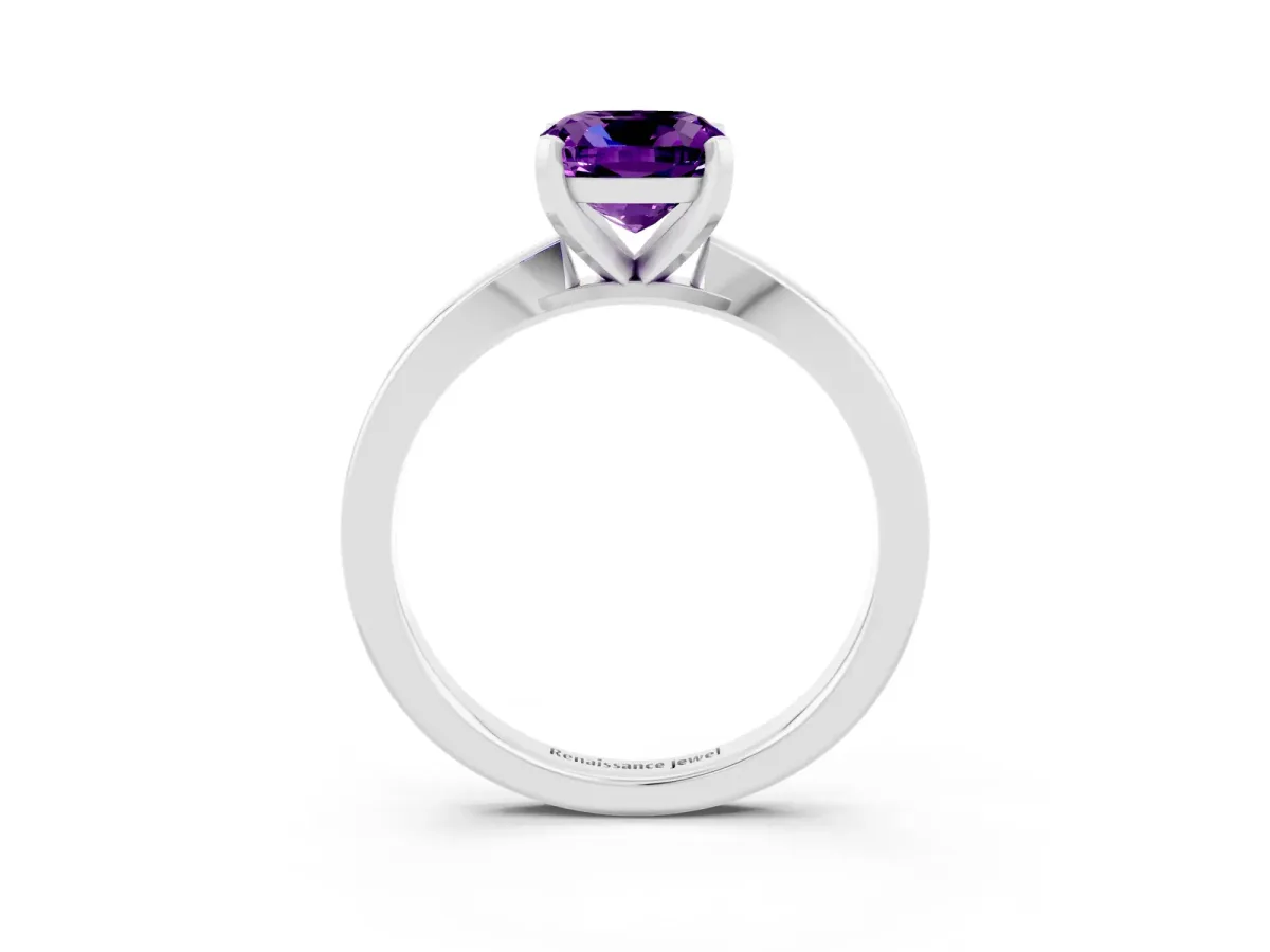 Cushion Cut Amethyst Solitaire Engagement Ring with Classic Band and Four-Prong Setting White gold