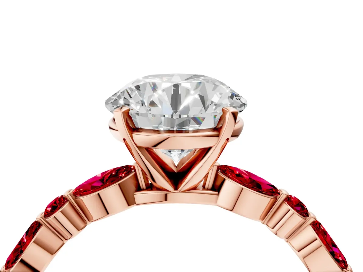 Round Cut Diamond Ring with Marquise and Round Ruby Side Stones and Four-Prong Setting Rose gold