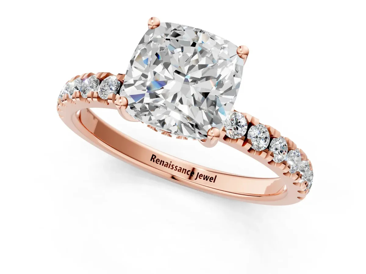 Cushion Cut Diamond Pave Band Solitaire Ring with Round and Prong Setting Rose gold