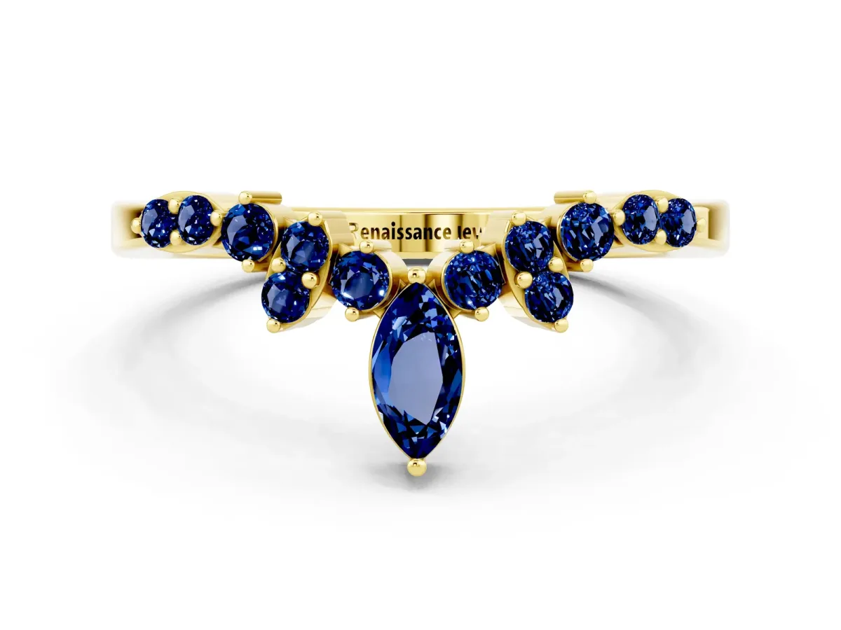 Marquise and Round Blue Sapphire Chevron Band with Prong Setting Yellow gold