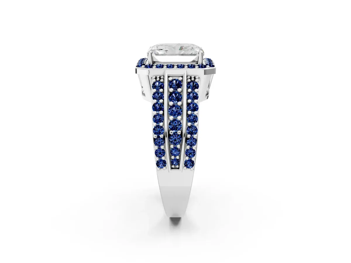 Radiant Cut Halo Diamond Ring with Round Blue Sapphire Split Shank and Prong Setting White gold