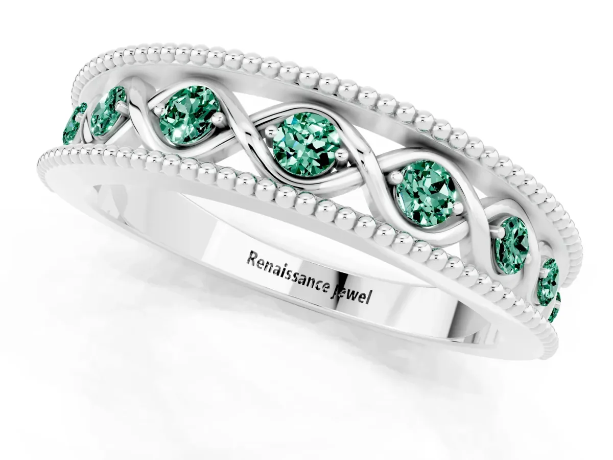 Round Green Sapphire Twist Milgrain Band with Bezel Setting Silver