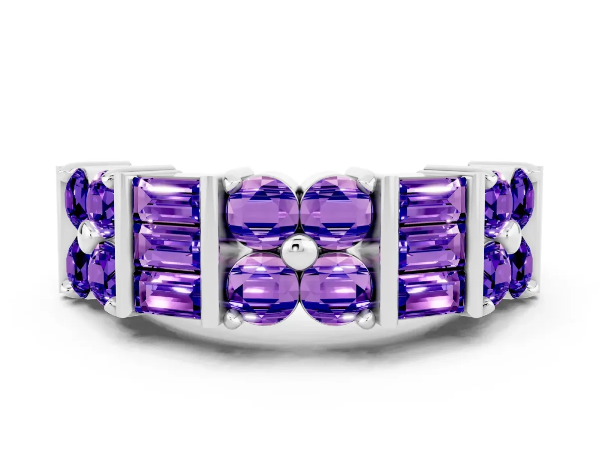 Channel Set Round and Baguette Tanzanite Anniversary Band with Prong Setting Silver