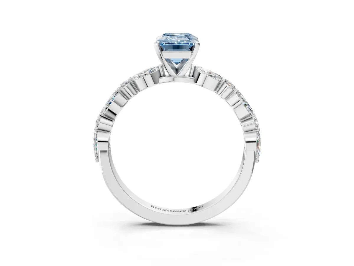 Fancy Blue Emerald Cut Diamond Ring with Marquise and Round Side Stones and Four-Prong Setting Silver