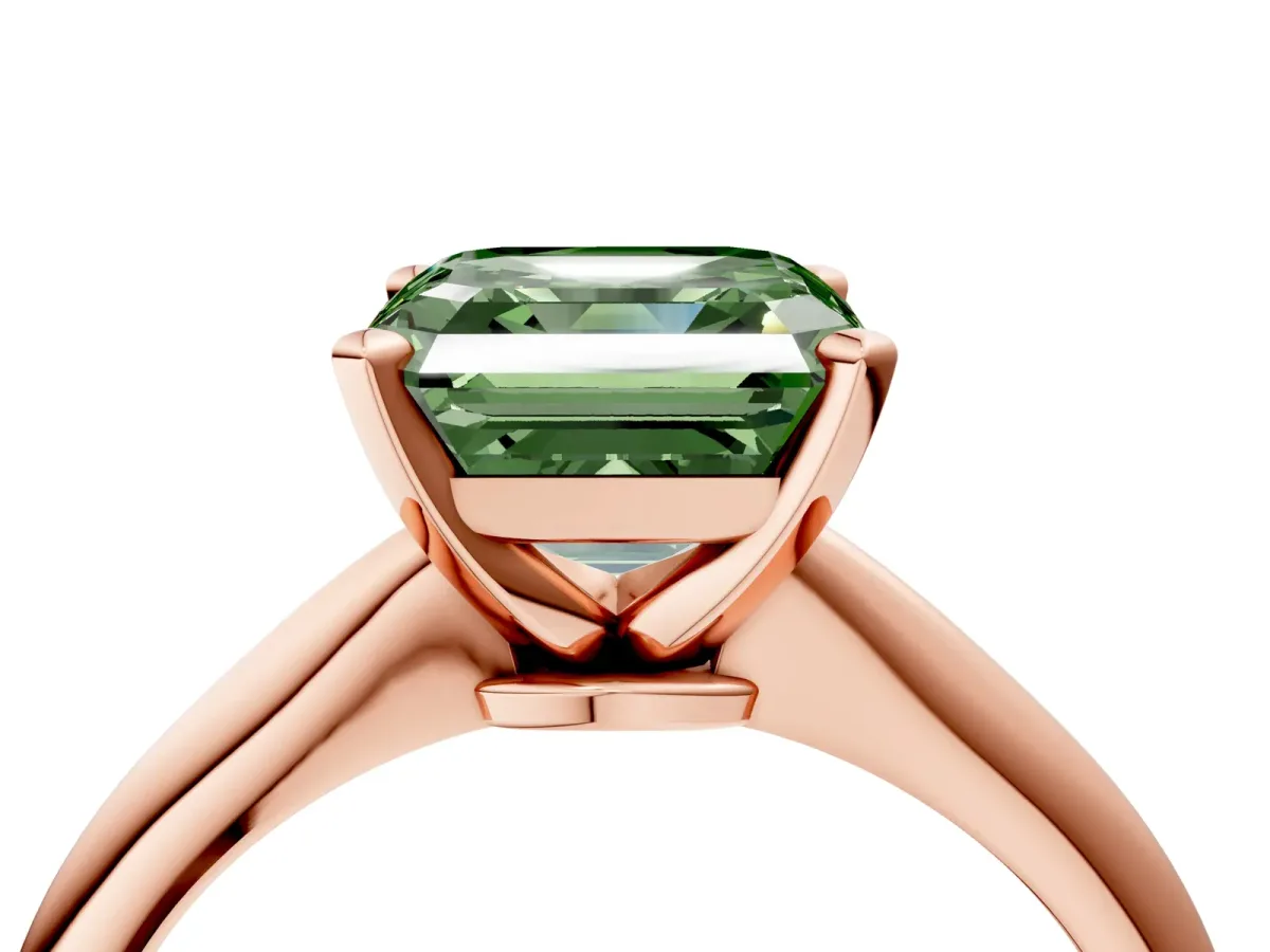 Fancy Green Asscher Cut Diamond Solitaire Engagement Ring with Classic Band and Four-Prong Setting Rose gold