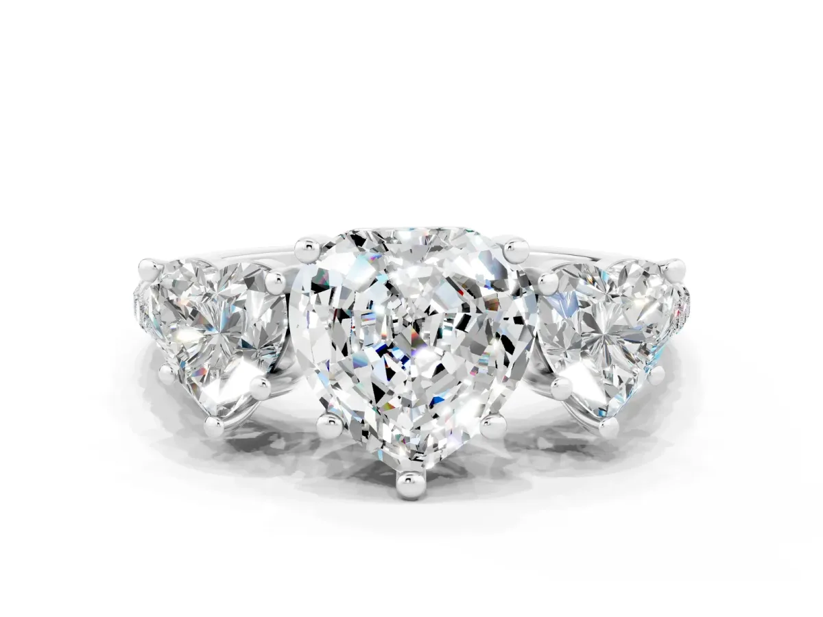 Three-Stone Heart Cut Moissanite Ring with Round Pavé Band and Prong Setting Silver