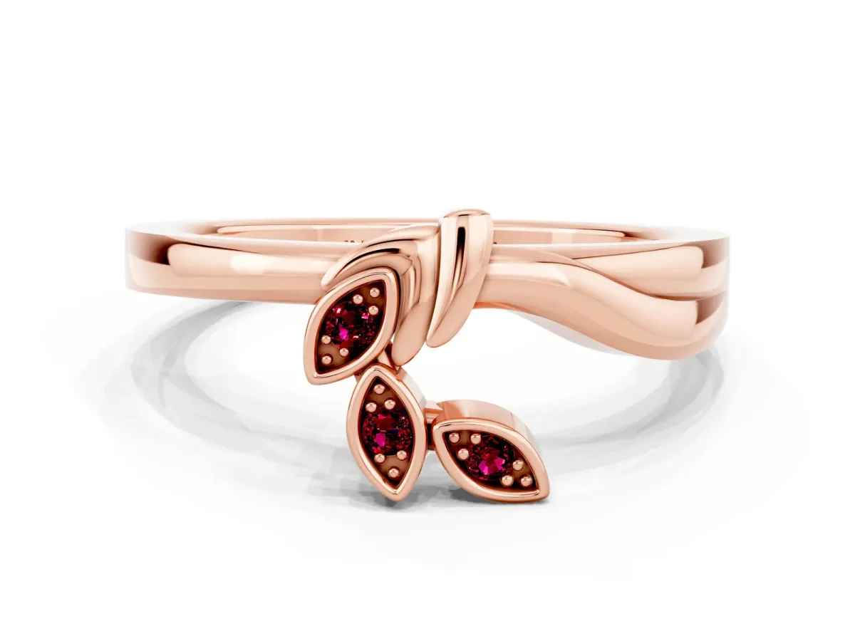 Three-Stone Round Garnet Leaf Bypass Ring with Bezel Setting Rose gold