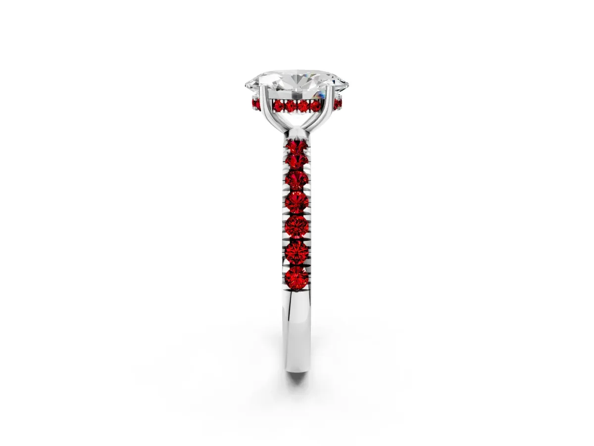 Oval Cut Diamond Pave Band Solitaire Ring with Round Ruby and Prong Setting White gold