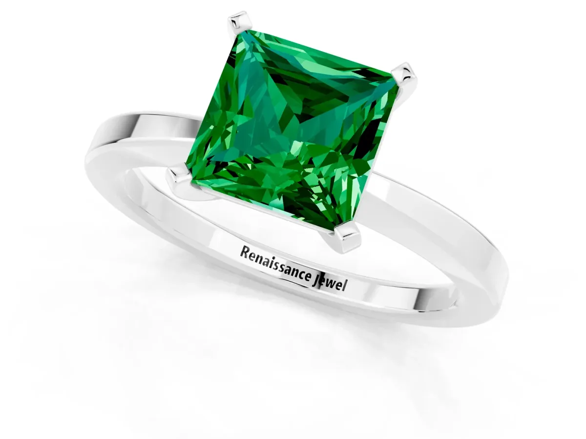 Princess Cut Emerald Solitaire Engagement Ring with Classic Band and Four-Prong Setting Silver