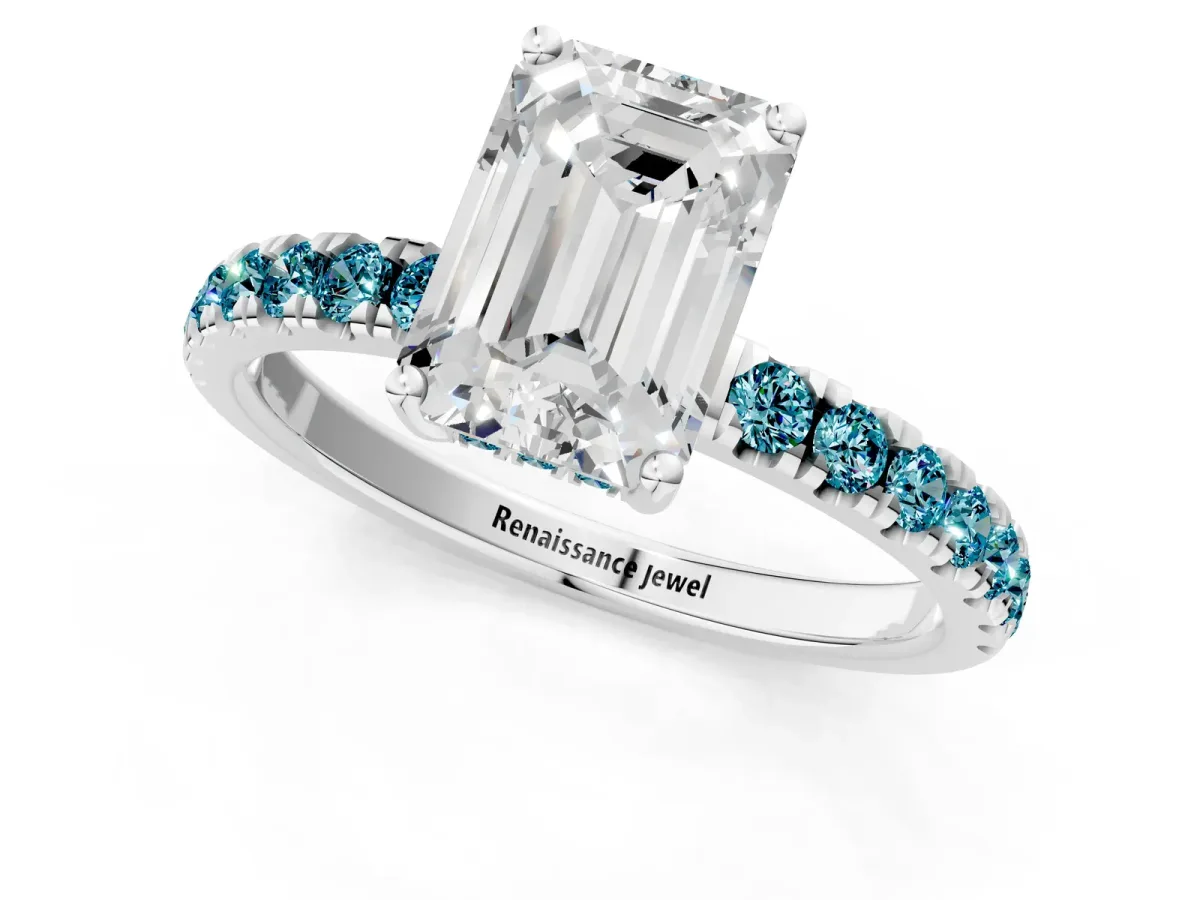 Emerald Cut Diamond Pave Band Solitaire Ring with Round Blue Topaz and Prong Setting Platinum