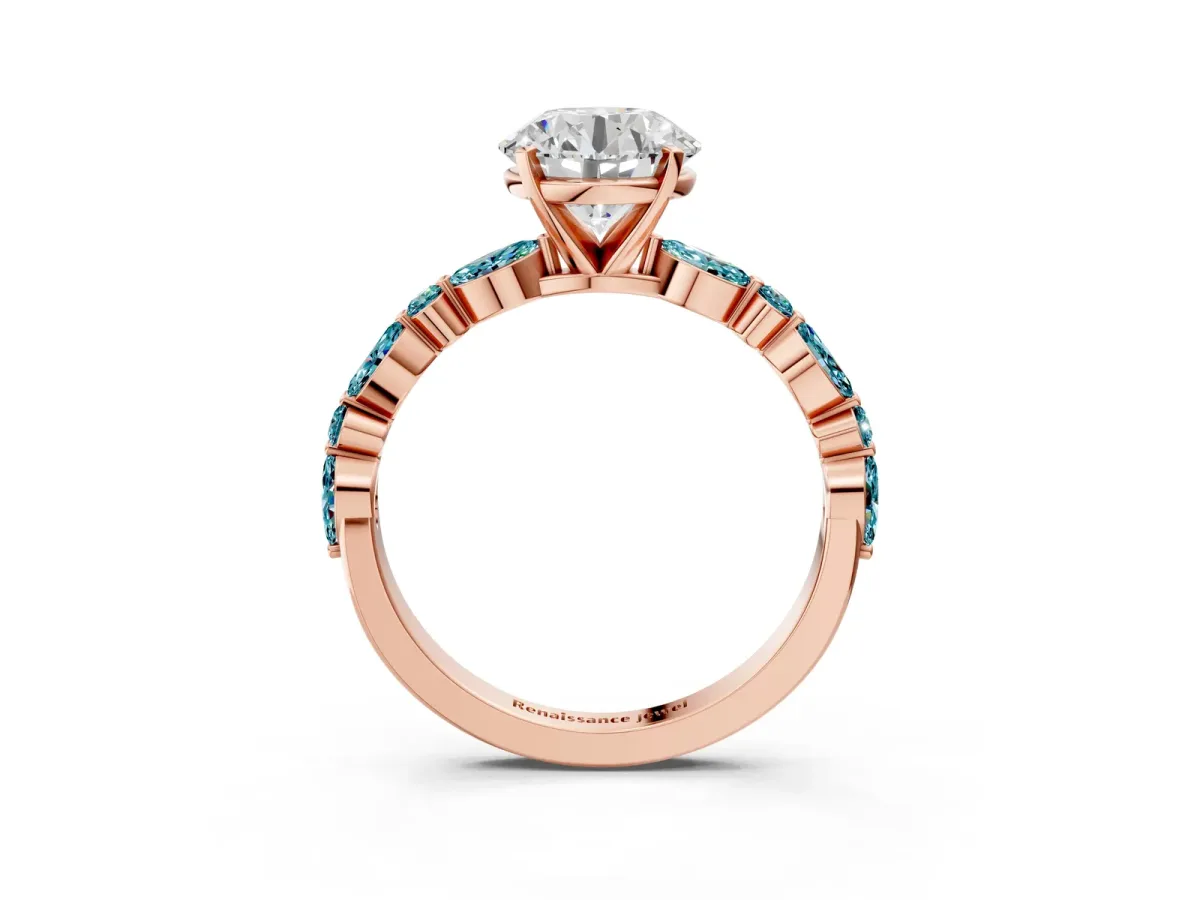Round Cut Diamond Ring with Marquise and Round Blue Topaz Side Stones and Four-Prong Setting Rose gold