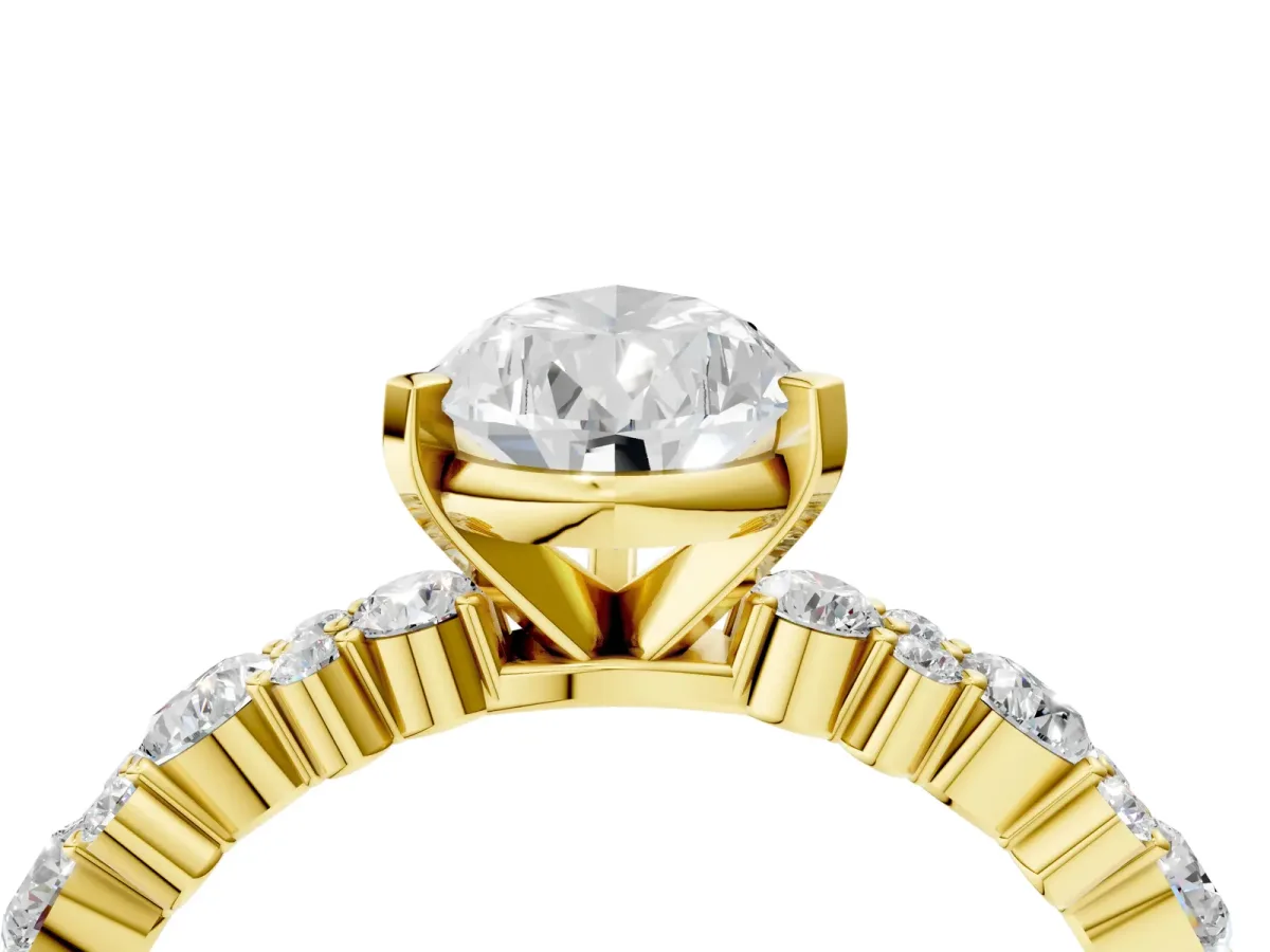 Pear Cut Diamond Side Stone Solitaire Ring with Round Moissanite and Four-Prong Setting Yellow gold