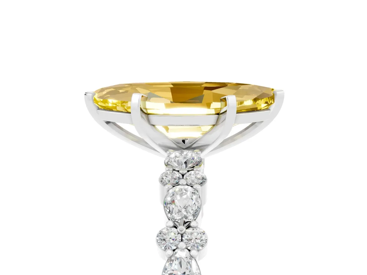 Marquise Cut Yellow Sapphire Side Stone Solitaire Ring with Round and Four-Prong Setting White gold