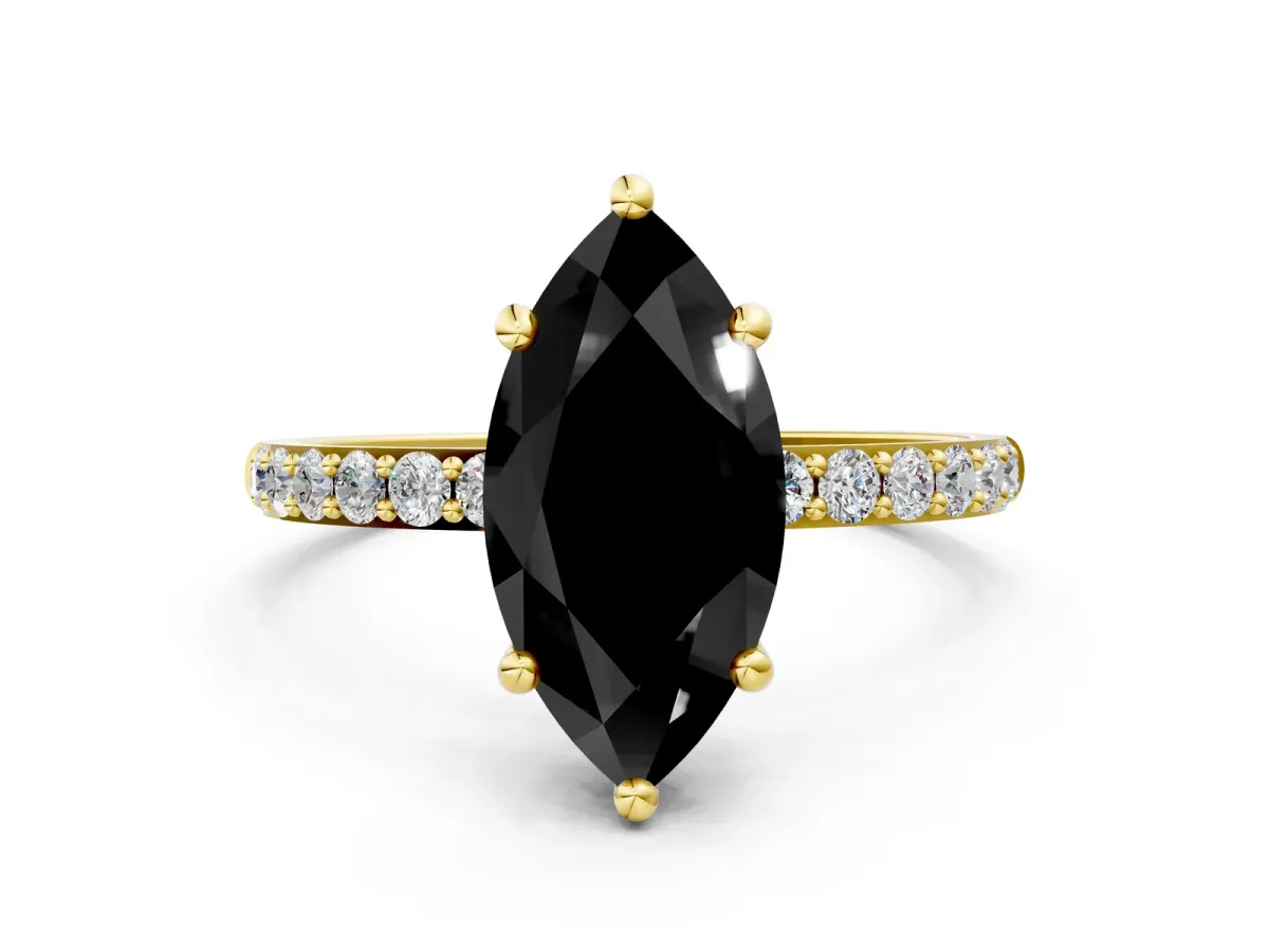 Fancy Black Marquise Cut Diamond Solitaire Ring with Round Pavé Band and Prong Setting Yellow gold