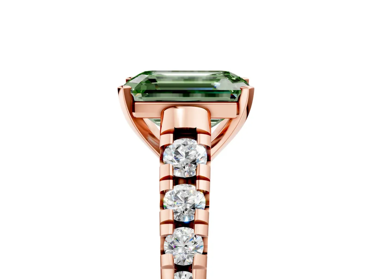 Fancy Green Emerald Cut Diamond Cathedral Solitaire Ring with Round Pavé Band Rose gold