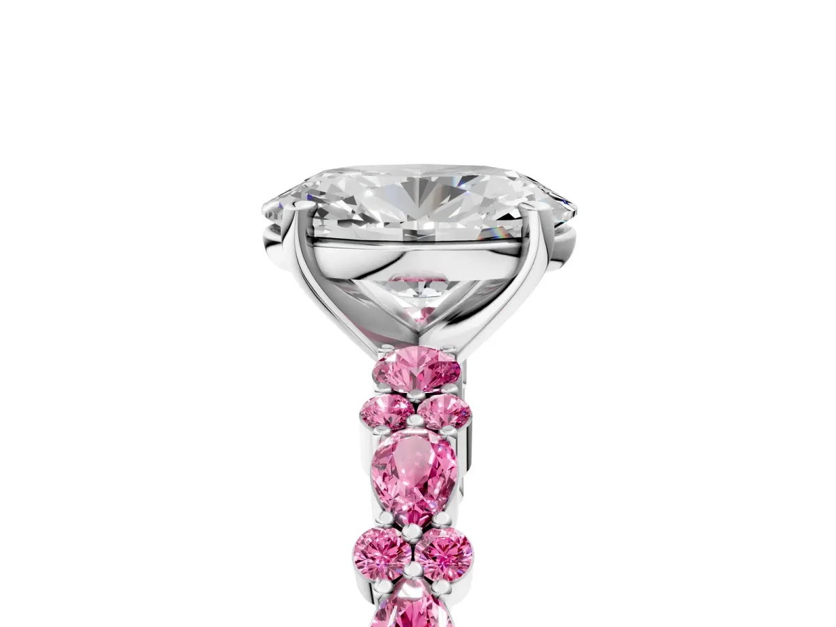 Oval Cut Diamond Side Stone Solitaire Ring with Round Pink Sapphire and Four-Prong Setting White gold