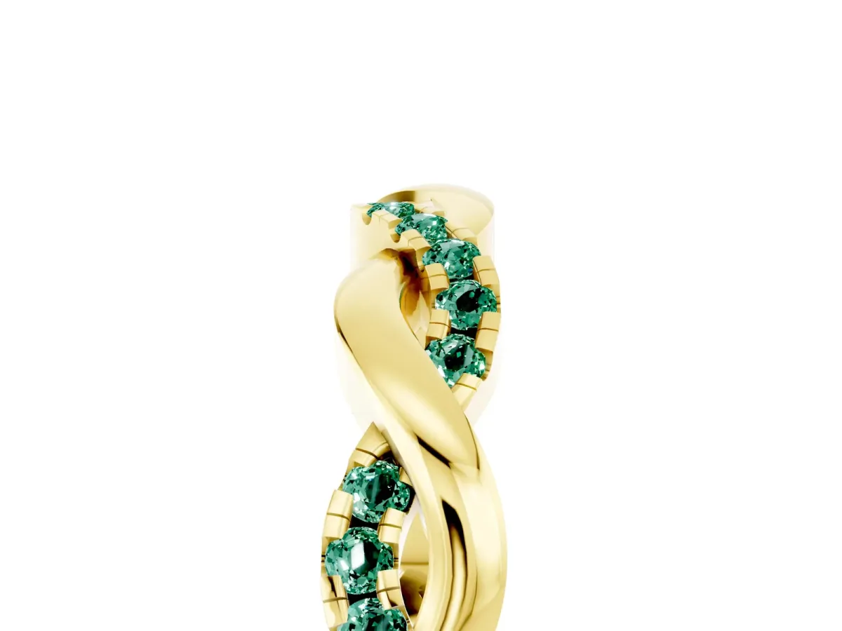 Round Green Sapphire Twist Eternity Band with Pavé Setting Yellow gold