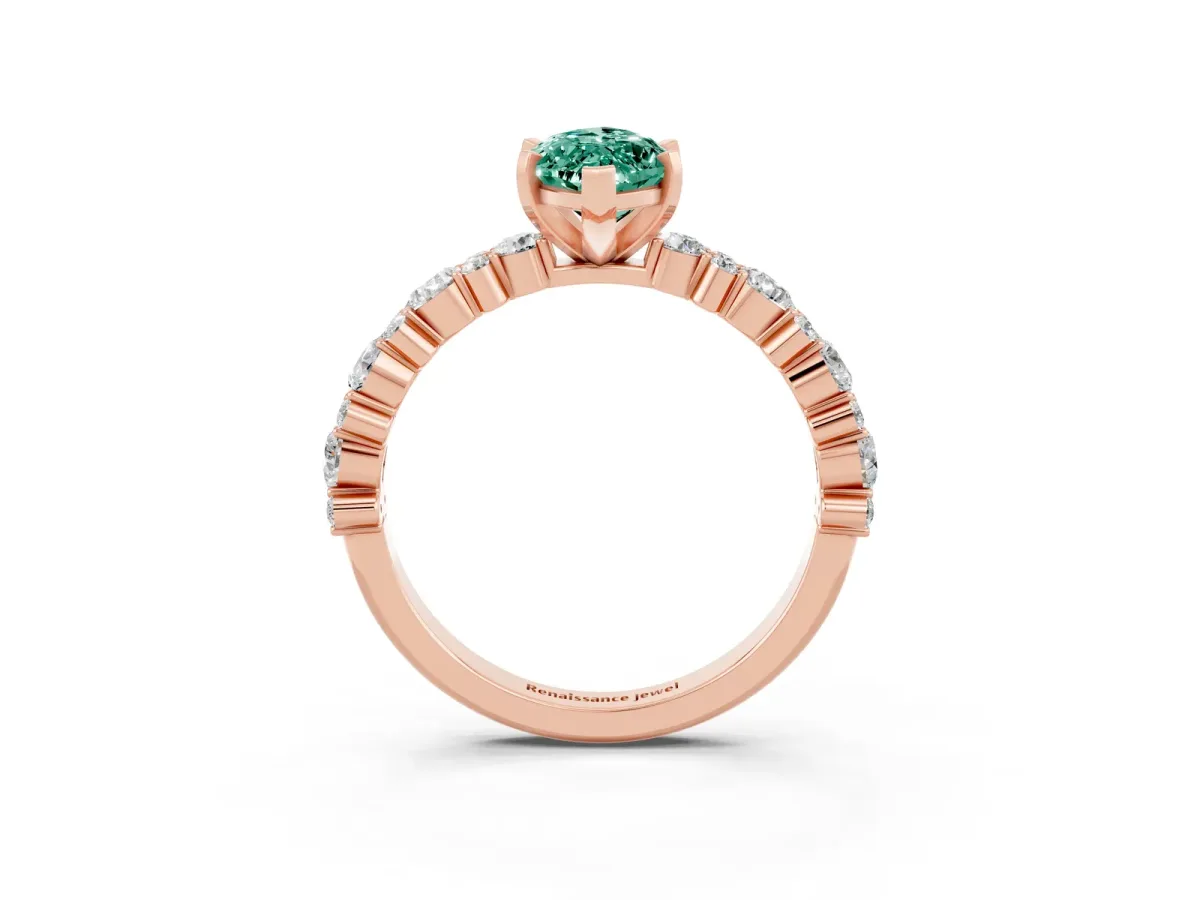 Marquise Cut Green Sapphire Side Stone Solitaire Ring with Round and Four-Prong Setting Rose gold