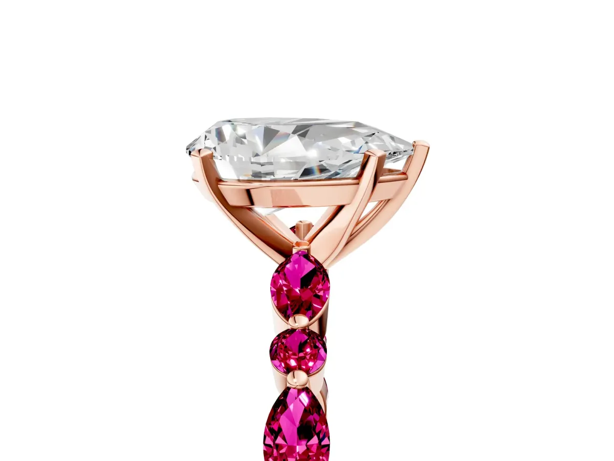 Pear Cut Diamond Ring with Marquise and Round Garnet Side Stones and Four-Prong Setting Rose gold
