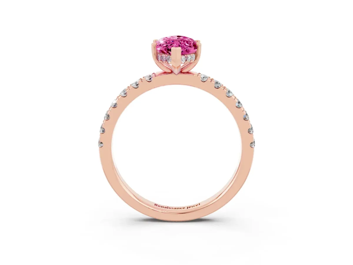 Marquise Cut Pink Sapphire Pave Band Solitaire Ring with Round and Prong Setting Rose gold