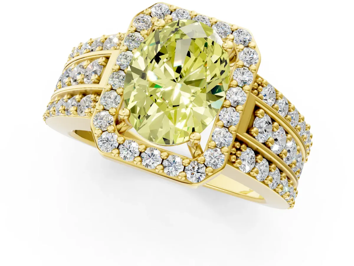 Fancy Yellow Oval Cut Halo Diamond Ring with Round Split Shank and Prong Setting Yellow gold