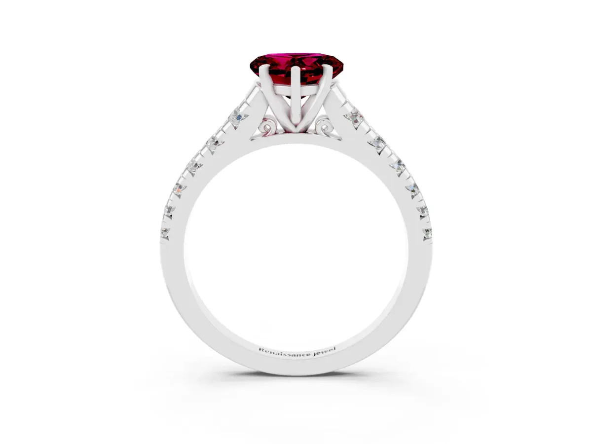 Heart Cut Garnet Cathedral Solitaire Ring with Round Pavé Band Silver