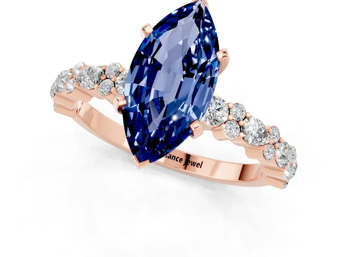 Marquise Cut Blue Sapphire Side Stone Solitaire Ring with Round and Four-Prong Setting Rose gold